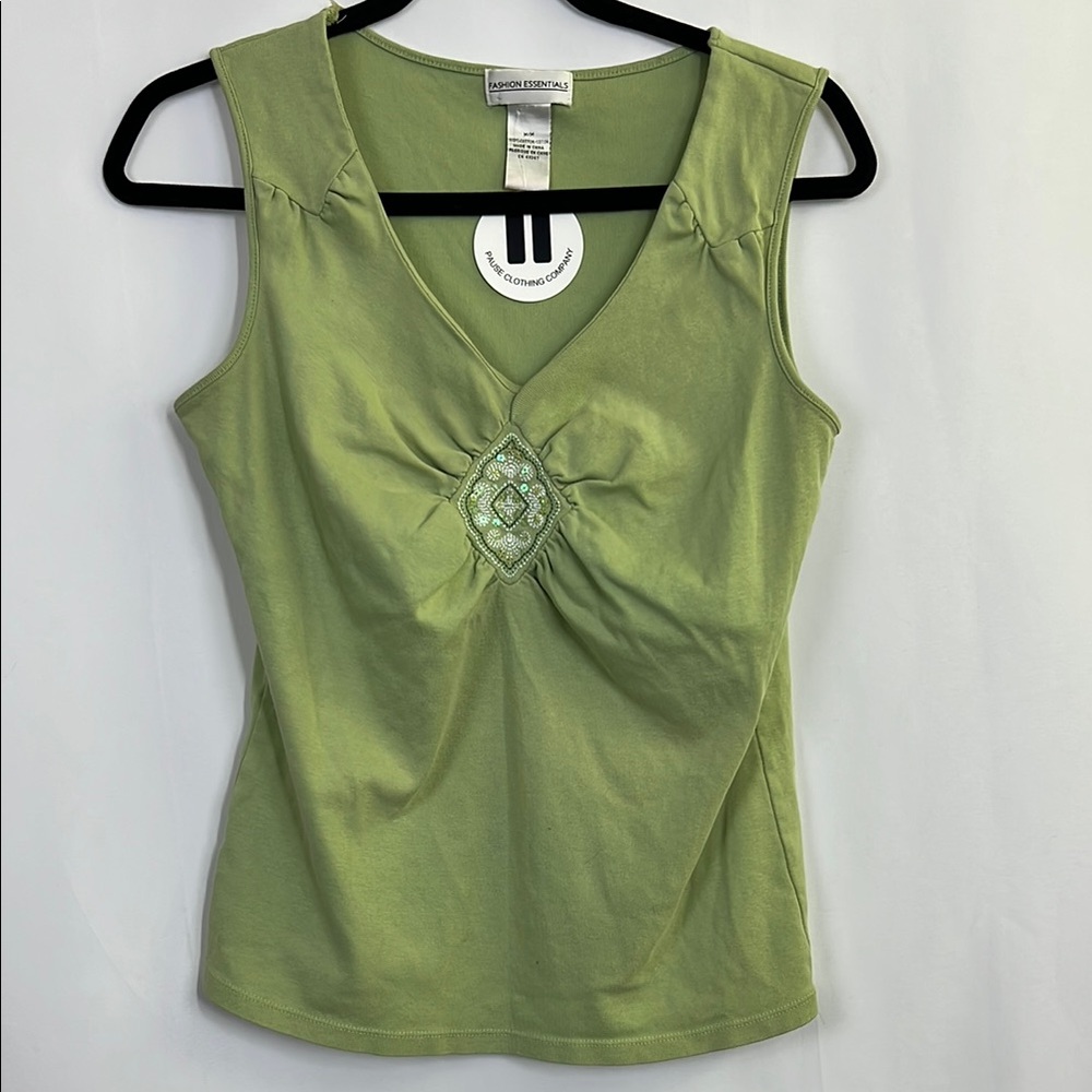 Green Embroidered Women Top tank top with embellishment v neck thick strap